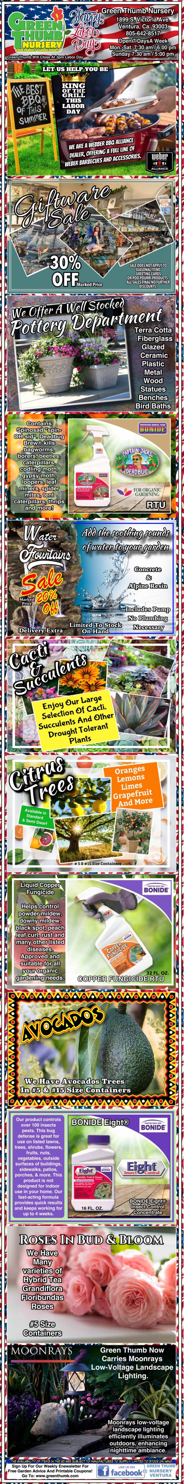 A collage of advertisements showcasing various plants, gardening tools, and fertilizers with colorful text and images of plants, flowers, and gardening equipment.