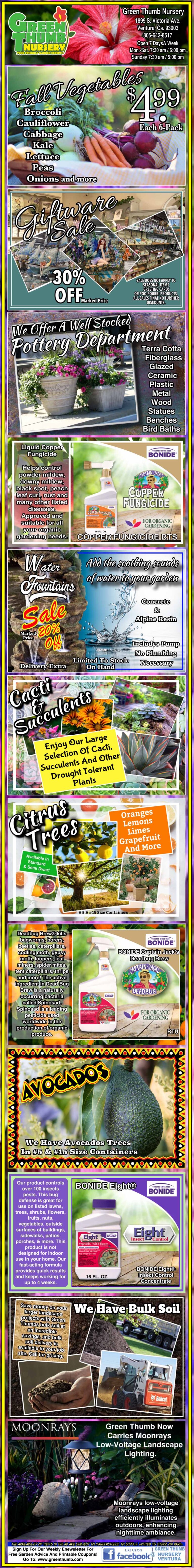 A colorful vertical collage displays a variety of herbal tea blends, nature-related products, gardening supplies, and skincare items, each section with text and images promoting different products and offers.