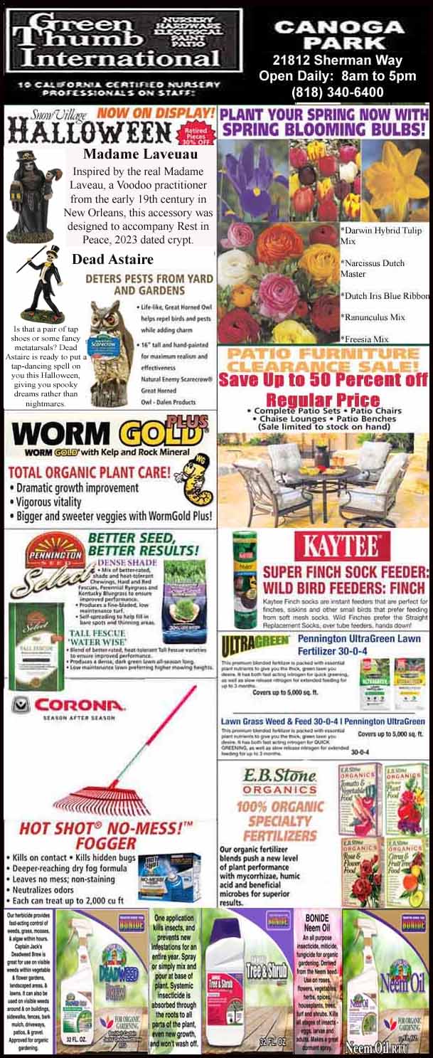 A flyer for Green Thumb International advertising various gardening products and services, including Halloween decor, spring blooming bulbs, worm castings, bird feeders, Corona tools, fertilizers, and tree services.