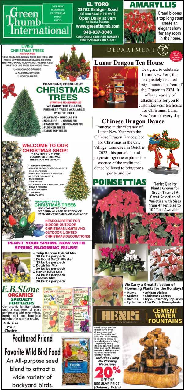 Colorful advertisement featuring Christmas trees, poinsettias, gardening supplies, and events. Includes store details and promotions.
