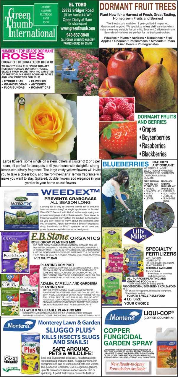 Advertisement for gardening products featuring dormant fruit trees, roses, blueberries, fertilizers, and pest control. Includes images of flowers, fruits, and product packaging.