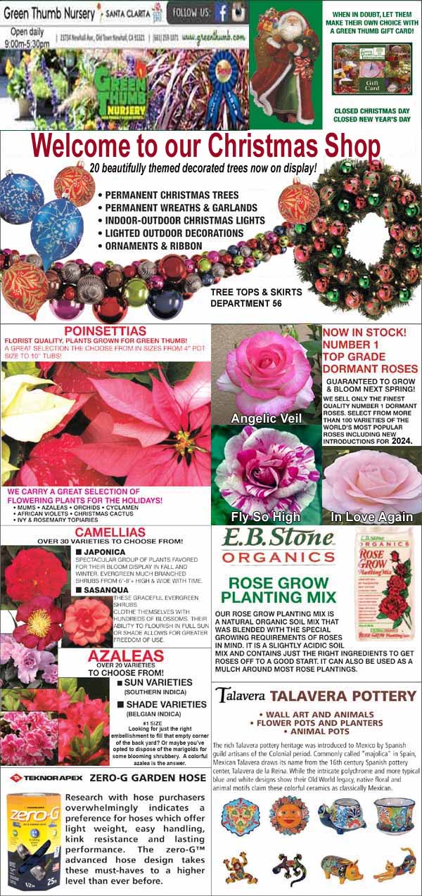 Flyer for Green Thumb Nursery Christmas Shop featuring poinsettias, garden products, gift items, and decorative ornaments, with store hours and various product images.