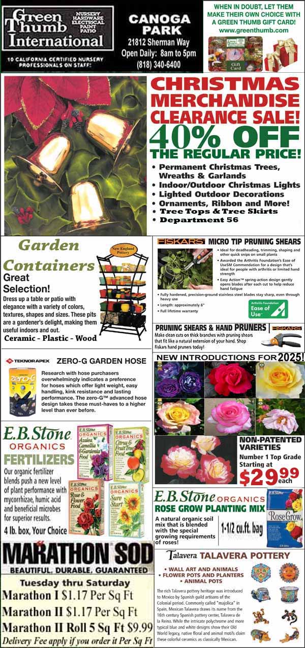 Flyer for Green Thumb International featuring a Christmas clearance sale with 40% off on decorations. Highlights include garden containers, pruners, E.B. Stone garden soil, and Marathon lawn seed.