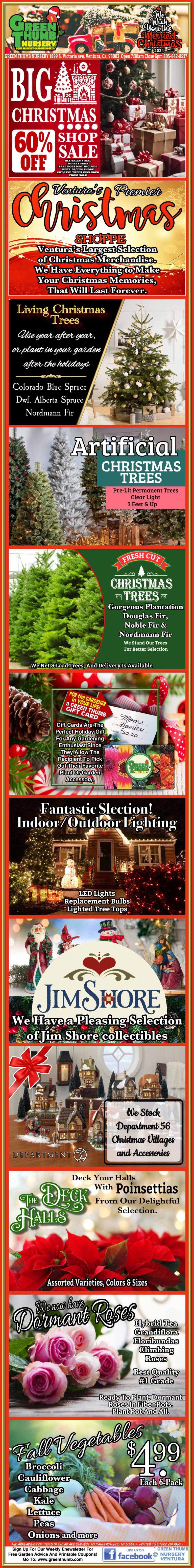 Christmas sale advertisement featuring festive decorations, Christmas trees, and various discounts up to 60%. Multiple images of holiday scenes and decor embellish the ad.