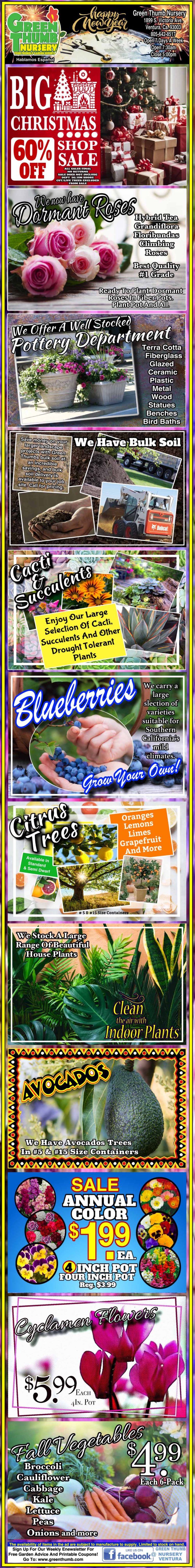 Colorful advertisement showcasing various fruits, plants, and discount offers in a collage format.