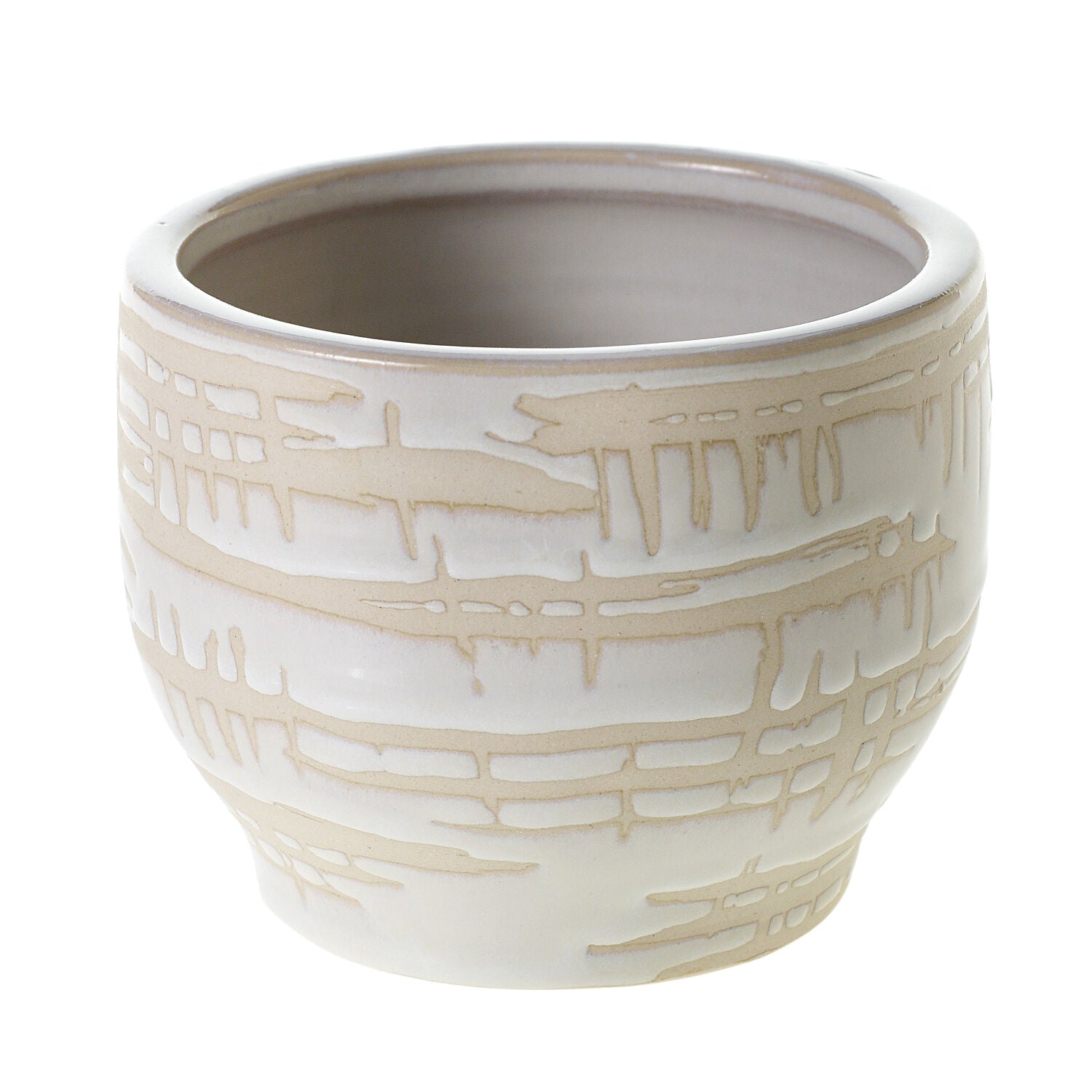 Ceramic pot with a beige, textured design and a round opening.