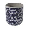 Ceramic cup with a deep blue geometric pattern on a white background.