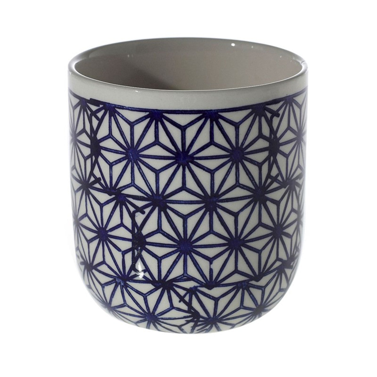 Ceramic cup with a deep blue geometric pattern on a white background.