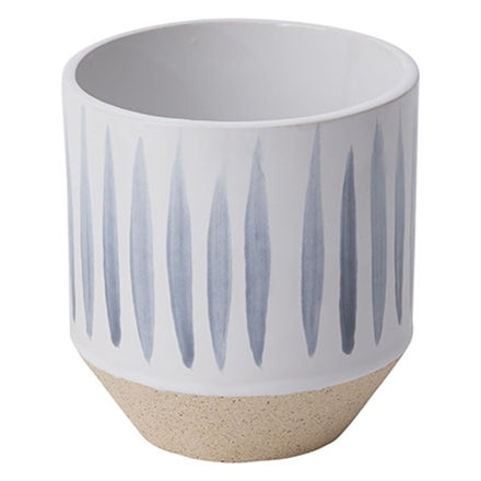 A white ceramic planter with vertical gray stripes and a textured beige base.