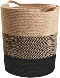 Woven storage basket with two handles, featuring a three-stripe design in beige, brown, and black.