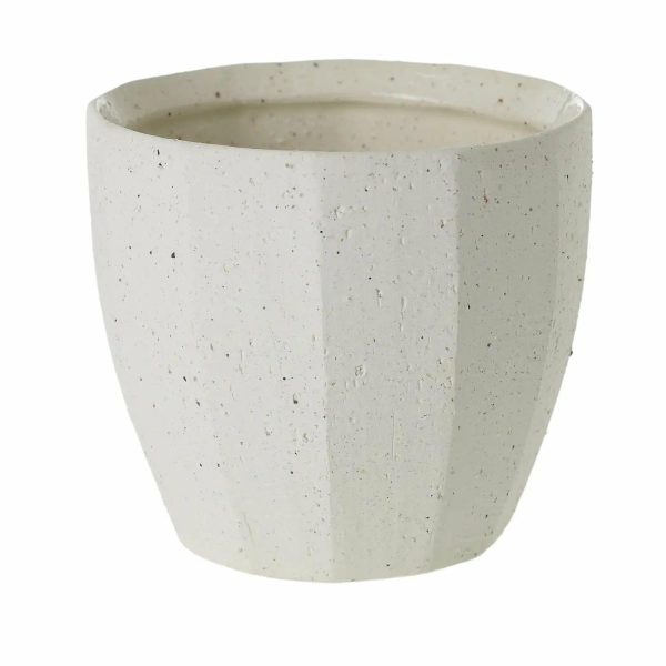 White textured ceramic pot with a simple, rounded shape on a white background.