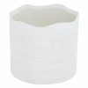 A white, round ceramic pot with a wavy rim and a textured surface.