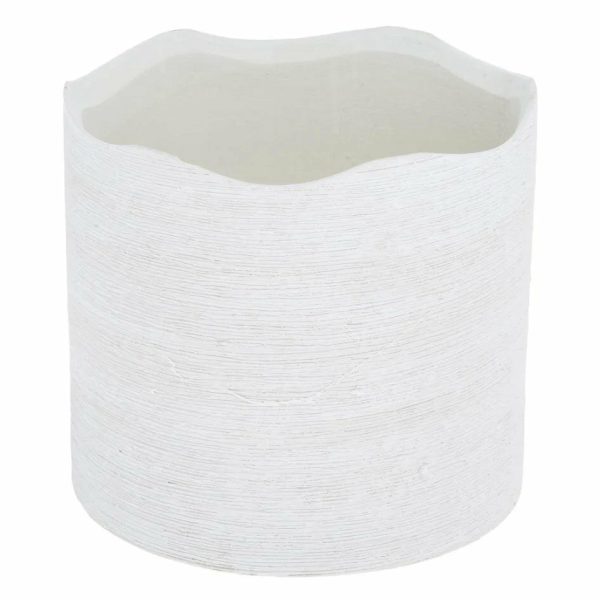 A white, round ceramic pot with a wavy rim and a textured surface.