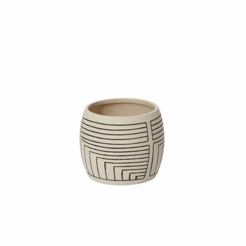Ceramic planter with geometric black lines on a beige background.