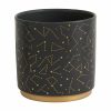 A black cylindrical planter with gold constellation patterns on its surface.