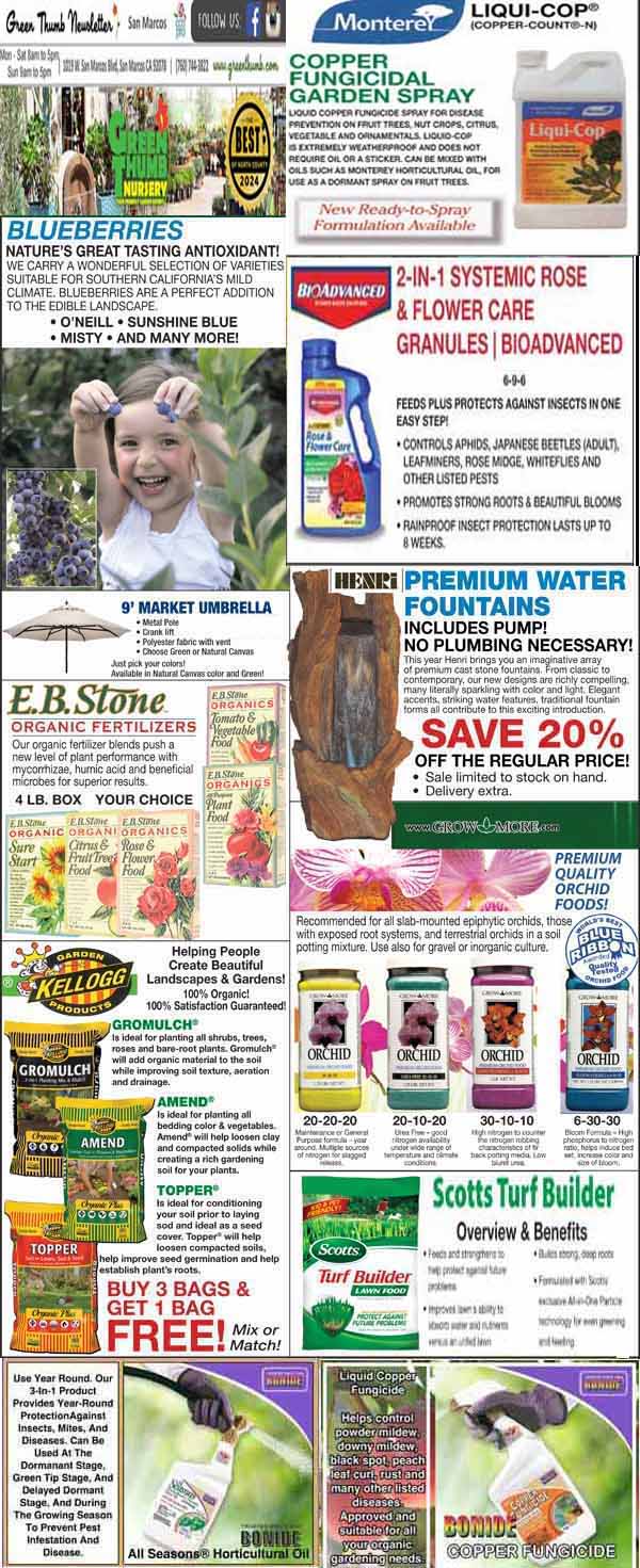 A collage of gardening product advertisements, including plant foods, fertilizers, pest control sprays, premium water fountains, and blueberries, along with promotional offers and contact details.