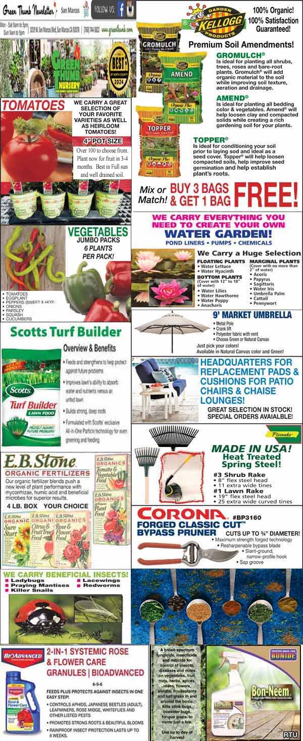 Collage of various gardening product advertisements, including seeds, soil amendments, and garden tools, with colorful text and images of plants and products.