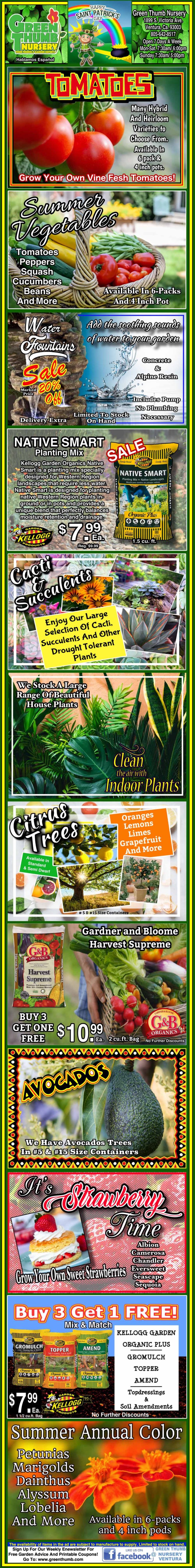 Promotional flyer for vegetable and plant products, featuring tomatoes, animal repellent, avocados, and colorful annuals, with prices and discounts highlighted.