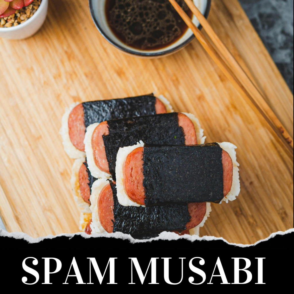 Spam musubi pieces stacked on a plate with a bowl of soy sauce and chopsticks nearby.