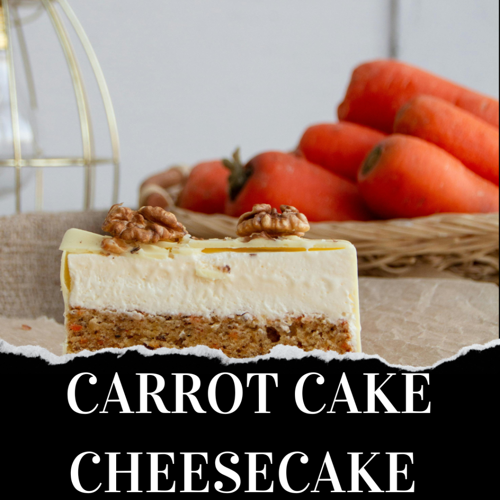 A slice of carrot cake cheesecake topped with walnuts on a table, with a basket of carrots in the background.