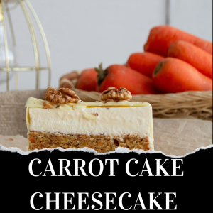 A slice of carrot cake cheesecake topped with walnuts on a table, with a basket of carrots in the background.