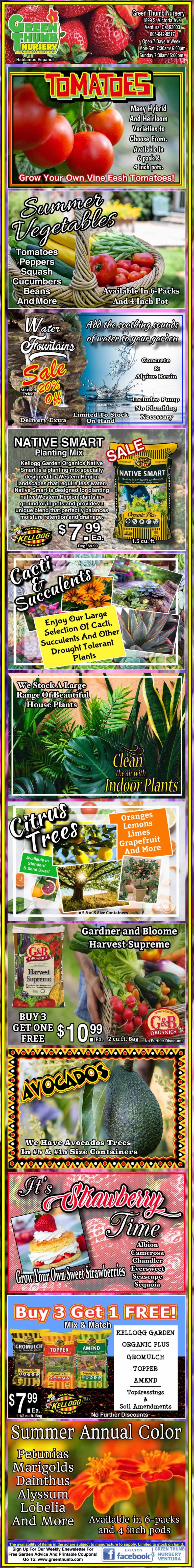Colorful advertisement flyer featuring various gardening products such as tomato fertilizer, garden soil, citrus feed, and all-purpose fertilizer with prices and descriptions.