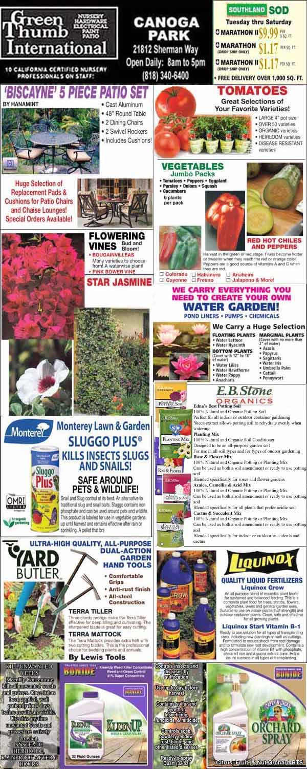 Garden center advertisement featuring patio sets, flowering vines, pest control products, fertilizers, soil enhancers, and gardening supplies from Green Thumb International in Canoga Park.