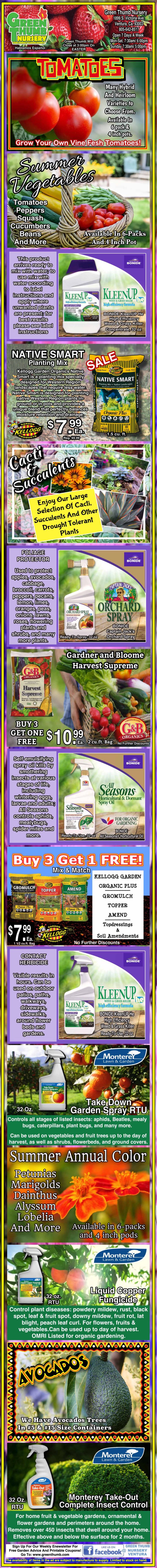 Colorful infographic with text and images promoting products for growing tomatoes, peppers, gourds, and avocados, highlighting nutrients, soil health, and organic gardening tips.