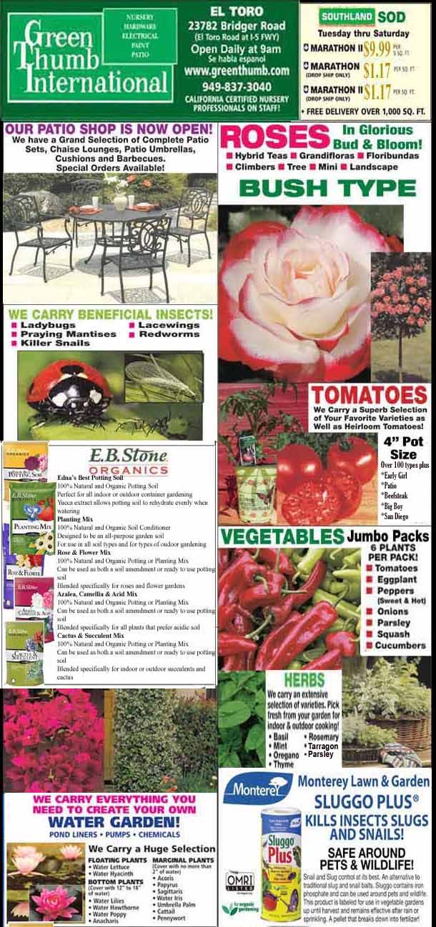 A garden center advertisement featuring patio furniture, roses, tomatoes, vegetables, herbs, beneficial insects, organic products, and pest control, with store locations and hours listed.