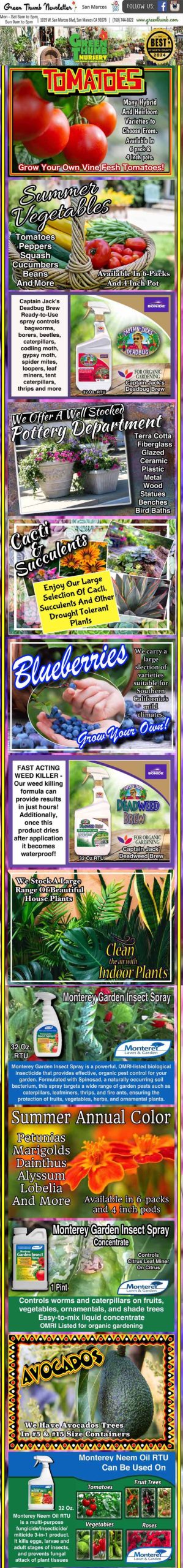 A vertical gardening product brochure featuring tomato, blueberry, and annual flower food, with product images, descriptions, and gardening tips on a colorful, segmented layout.