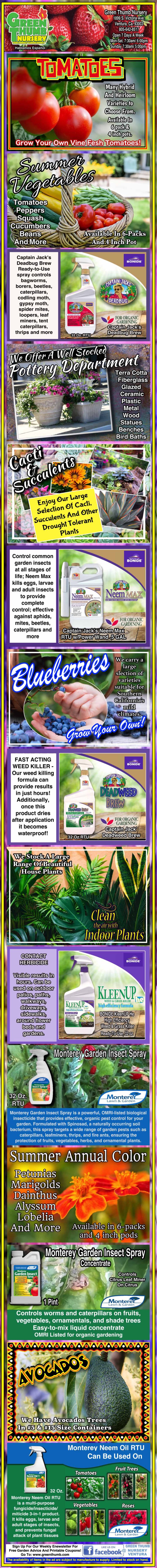 Colorful vertical advertisement displaying various gardening and plant nutrient products with descriptions, images of plants and produce, and detailed product benefits and usage information.