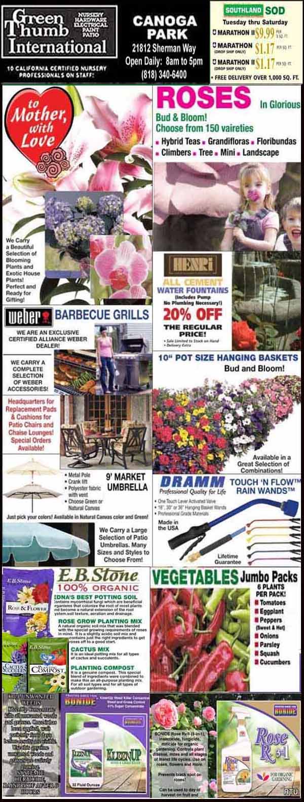 A nursery ad page featuring promotions for roses, barbecue grills, umbrellas, hanging baskets, vegetables, and other gardening supplies, with images of plants and products.