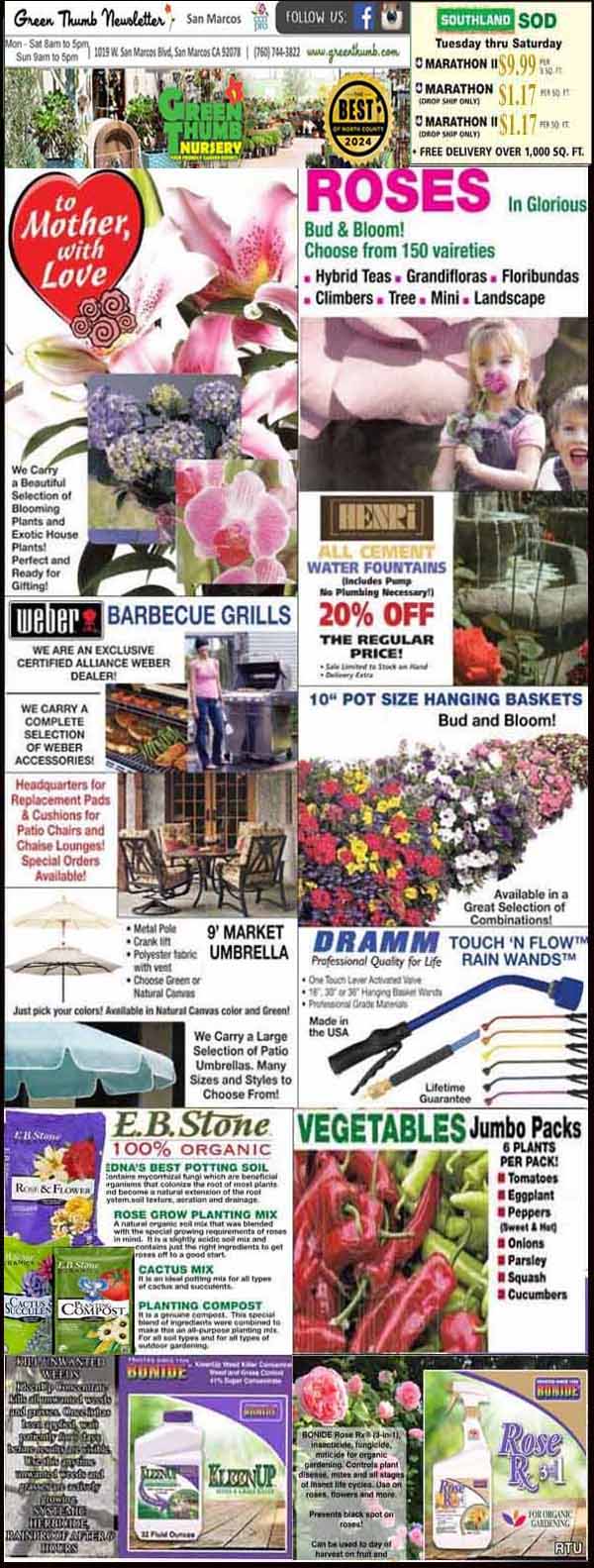 A garden center newsletter featuring roses, barbecue grills, patio umbrellas, hanging baskets, vegetable packs, watering tools, fertilizer, and promotions for Mother's Day.