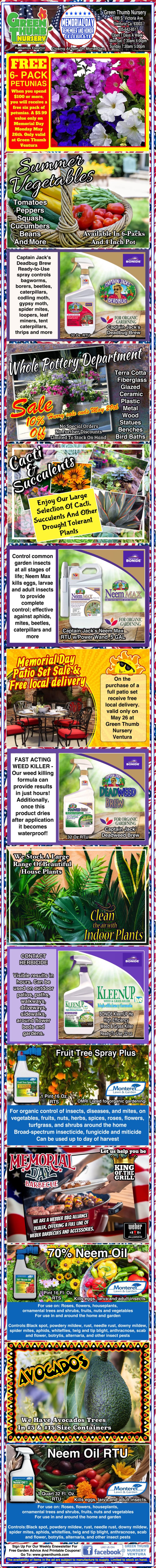 A vertical collage of various gardening product advertisements featuring fertilizers, soil conditioners, and pest solutions, each with descriptive text and images of plants or produce.