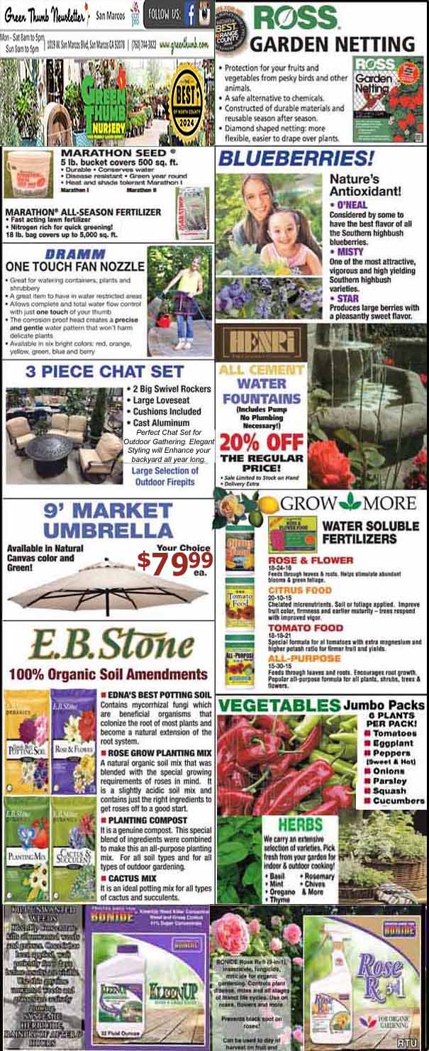 Newsletter page featuring garden products and promotions including fertilizers, garden netting, blueberries, soil amendments, water fountains, vegetables, umbrellas, and gardening tools.