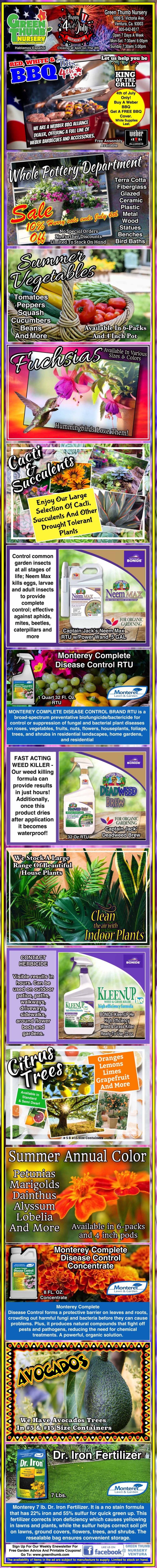 Colorful vertical advertisement for various organic gardening products, including fertilizers, pest repellents, and supplements, featuring images of plants and product bottles with descriptive text.