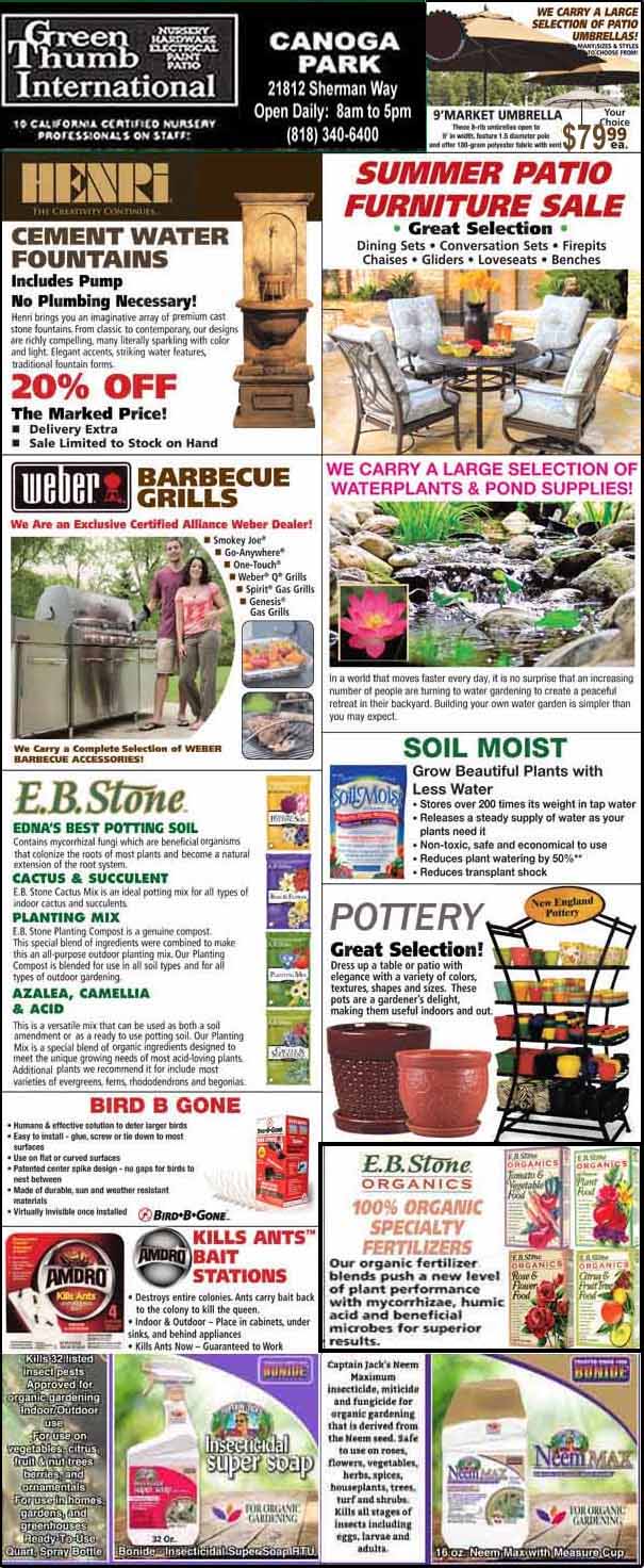 Flyer for Green Thumb International promoting garden products and services, including fountains, patio furniture, soil, pottery, BBQs, pest control, and sales offers. Business hours and contact info are listed.