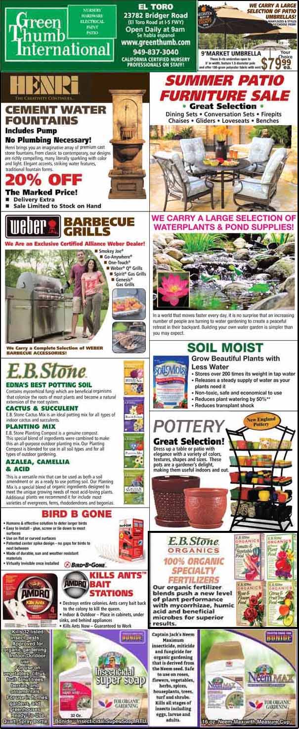 A store advertisement features garden products including fountains, patio furniture, soils, pottery, water plants, and promotions for various outdoor living items.