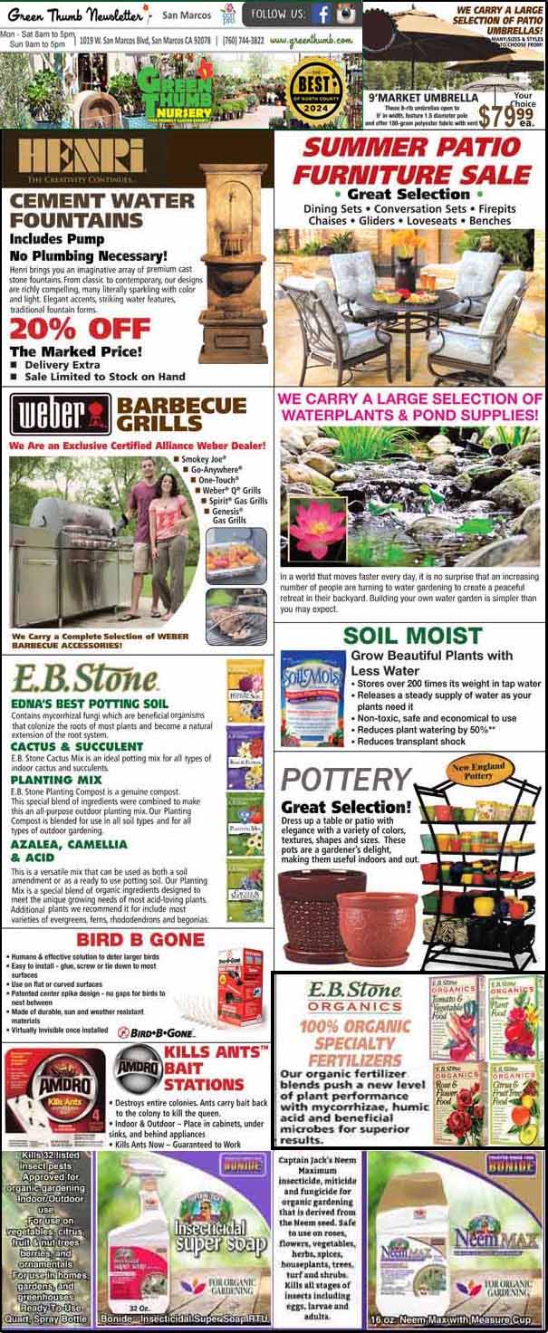 A garden center newsletter featuring specials on fountains, patio furniture, Weber grills, potted plants, pottery, bird supplies, and pest control products, with colorful product images.