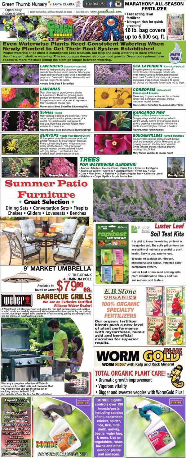 A nursery ad features plants, gardening products, patio furniture, barbecue grills, fertilizers, soil test kits, and organic worm castings with colorful photos and promotional text.