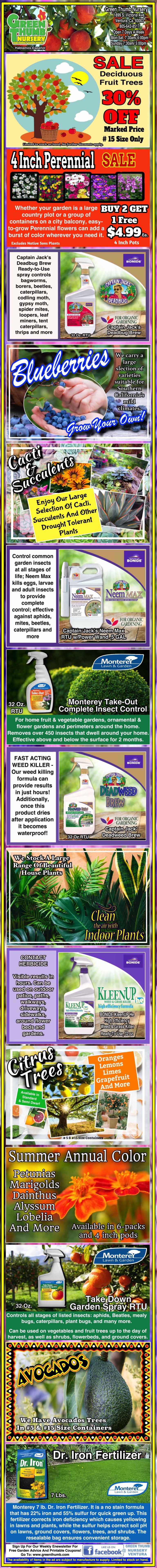 A vertical collage of various gardening product ads, each with images of plants, bottles, and bold, colorful text promoting fertilizers and soil enhancers.