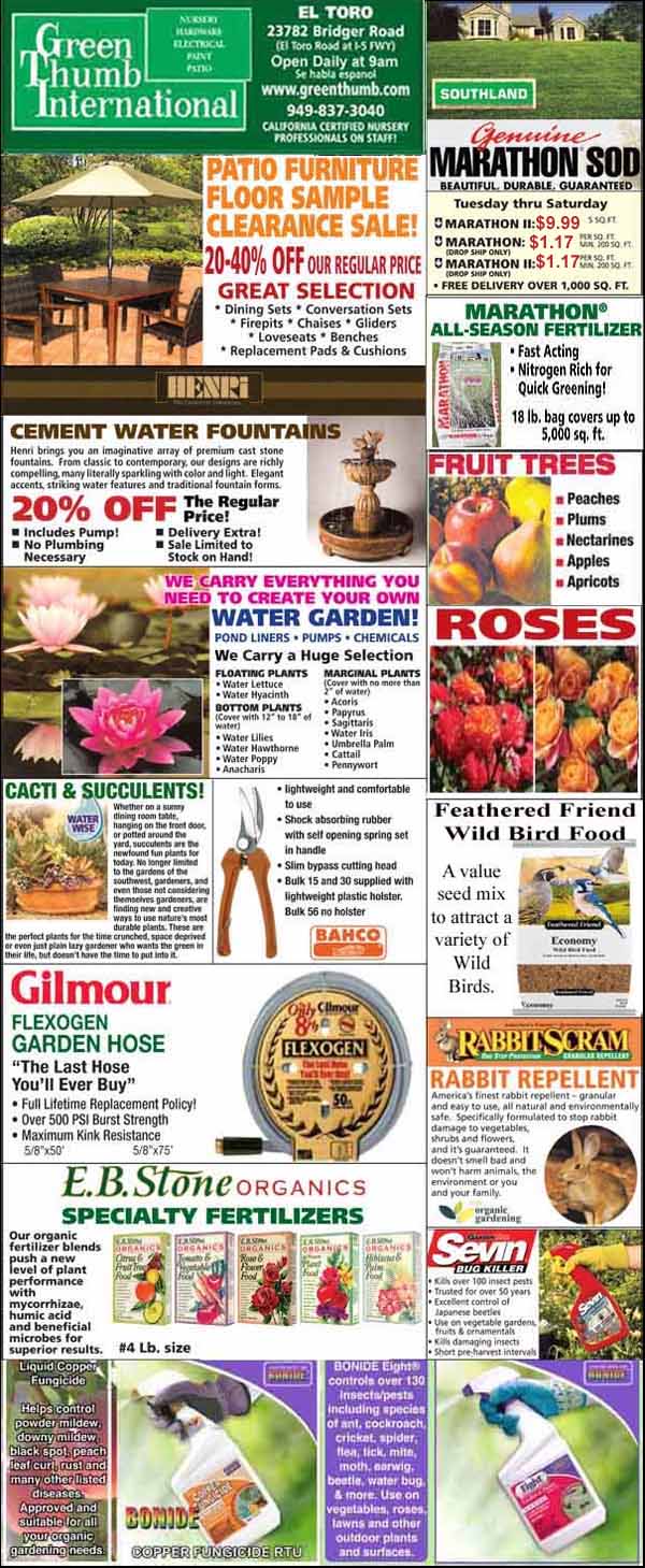 Green Thumb International store ad featuring discounts on patio furniture, garden supplies, water fountains, plants, roses, fruit trees, fertilizers, pet food, and more.