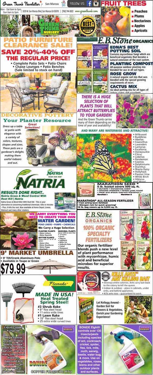 A colorful garden center flyer featuring patio furniture, fruit trees, gardening tools, fertilizers, organic products, garden décor, and sale announcements with various product images and prices.