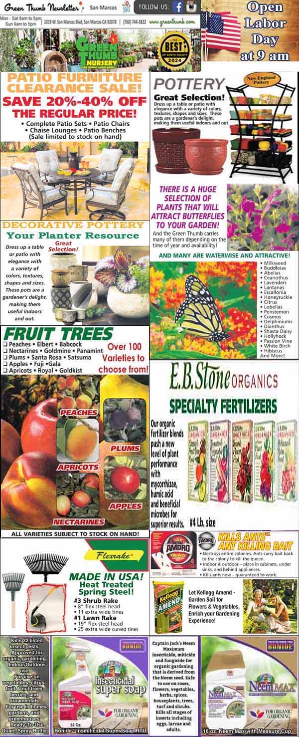 A garden center flyer with promotions on pottery, fruit trees, fertilizers, garden supplies, and an announcement for a Labor Day opening at 9 am.