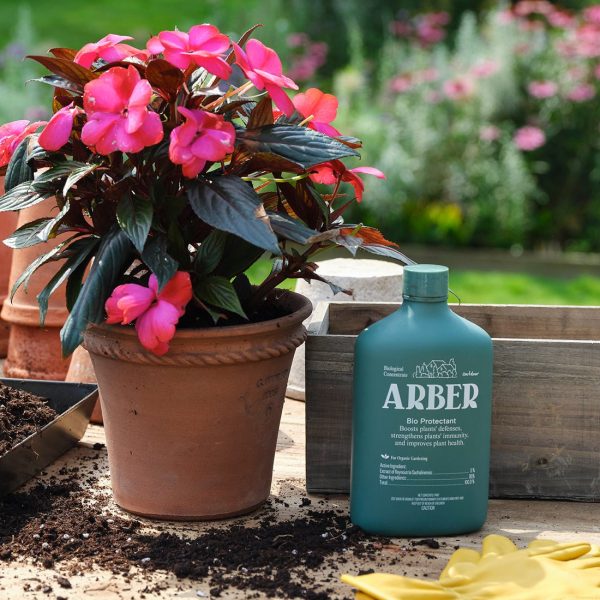A potted plant with pink flowers sits on a table with potting soil, a bottle labeled "ARBER," gardening gloves, pots, and a spray bottle in an outdoor setting.
