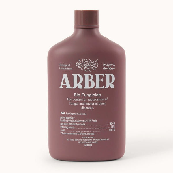A brown bottle labeled "ARBER Bio Fungicide" for indoor and outdoor use, designed for control or suppression of fungal and bacterial plant diseases, with usage and ingredient details.