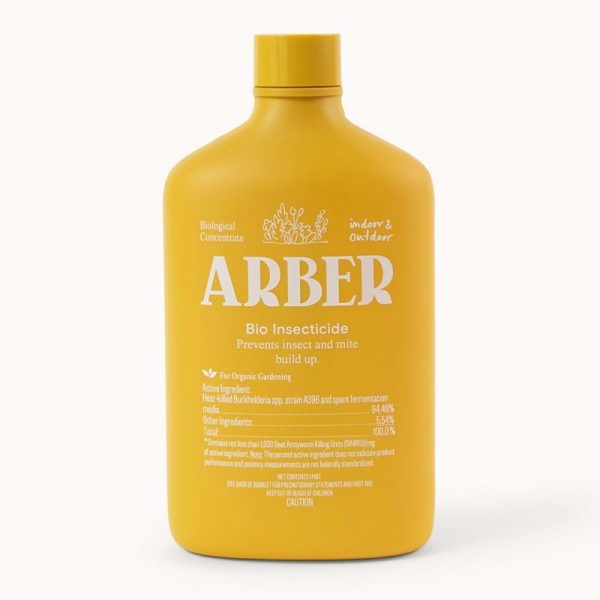 A yellow bottle labeled "ARBER Bio Insecticide" with white text detailing its use for organic gardening to prevent insect and mite buildup.