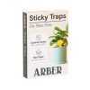 Box of Arber Sticky Traps for plant pests, featuring text on controls gnats and non-toxic, with an potted plant and yellow trap.