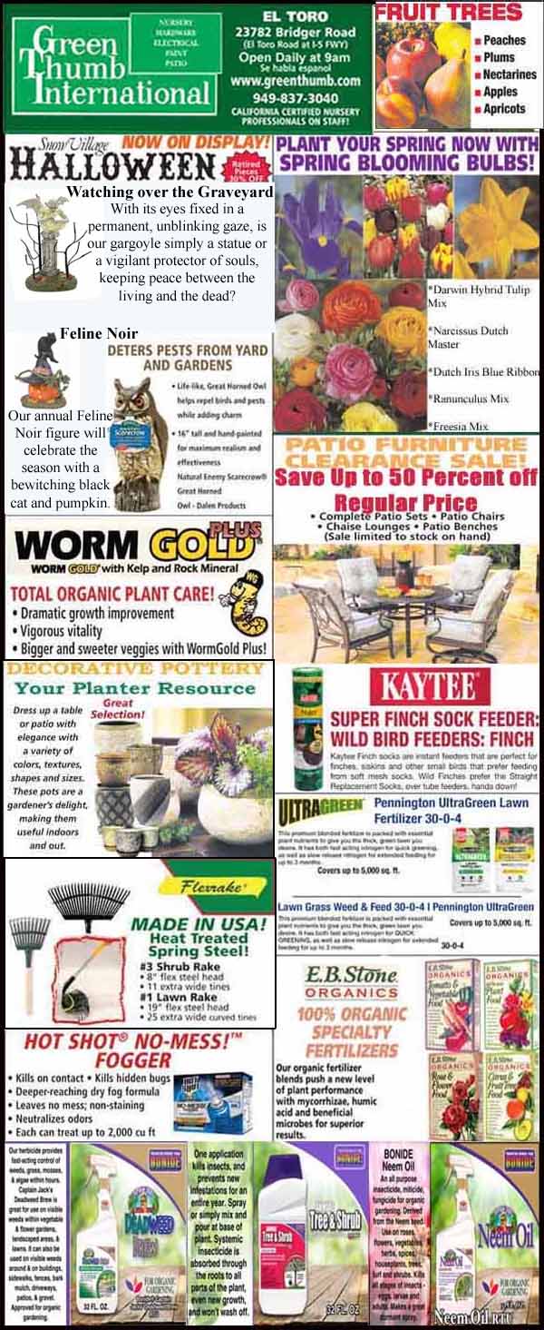 A garden center flyer advertises plants, bulbs, and gardening supplies, with seasonal promotions, product images, and store location information.