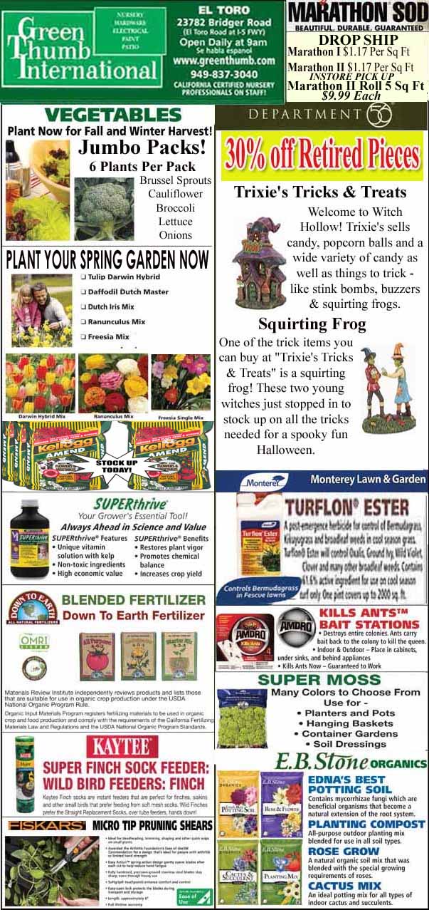 A promotional flyer featuring gardening supplies, plant seeds, pet food, lawn care products, and special offers from various departments and brands.